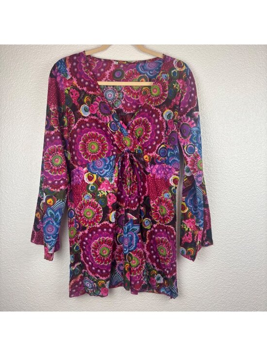 None Tops - ✨3/$30 L/XL Hippie Boho Floral Tunic Top With Tie-Front Vibrant Mandala Print